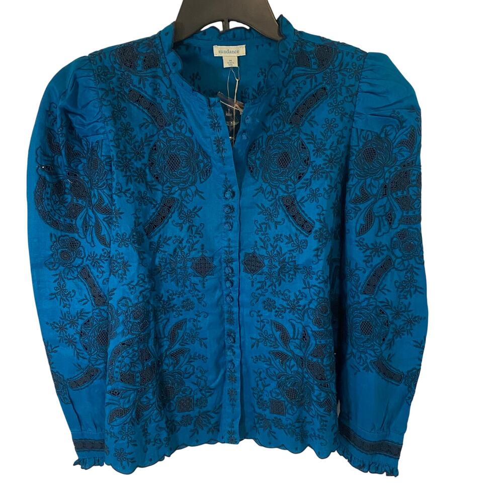 Sundance Teal & Black Floral Button-Front Blouse - Picture 3 of 11